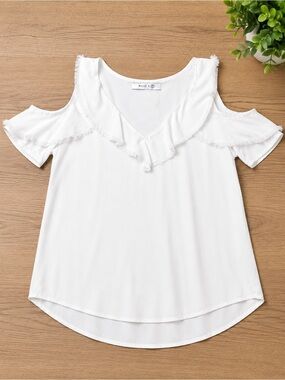 Billy T Cold-Shoulder White Ruffle V-Neck Blouse